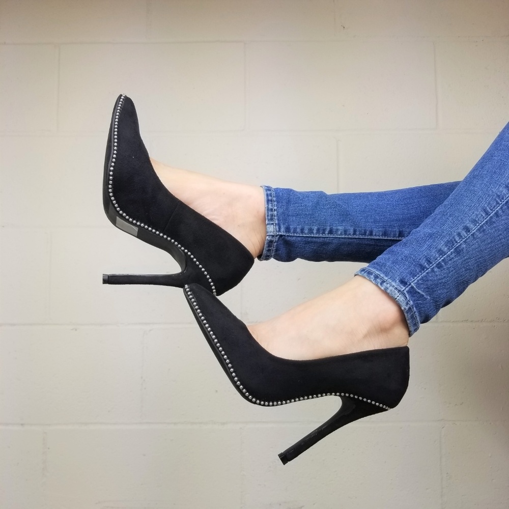 Black vegan Suede High Heel Pumps With Studs -gg - Picture 4 of 8